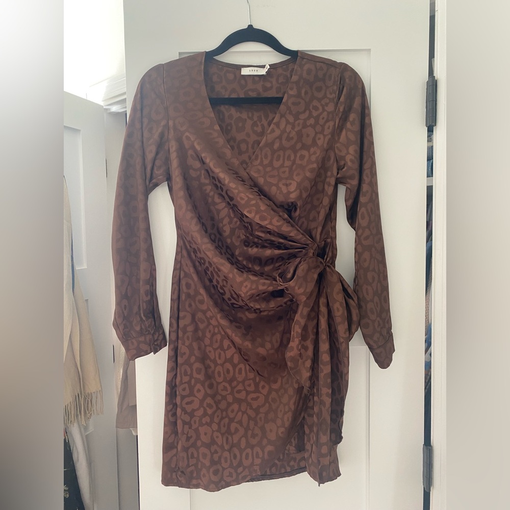 Brown satin shirt long sleeve dress